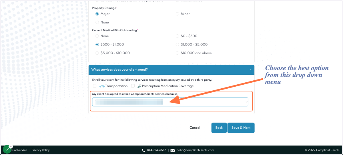 Step 2: Select why your client has opted to use Compliant Clients