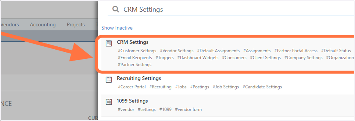 Click on CRM Settings in the search results to navigate to the proper settings page