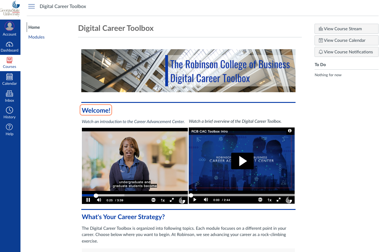 Homepage with introduction videos from Robinson College career counselors