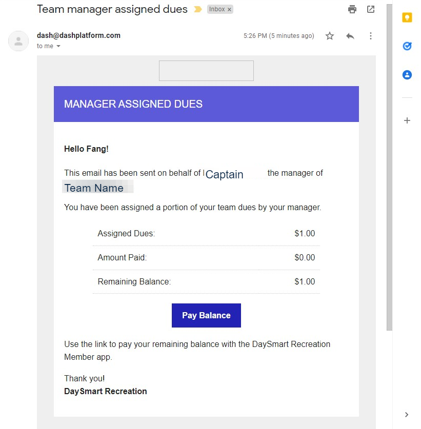 Check your email inbox for an email titled "Team manager assigned dues" and click "Pay Balance" within the email.