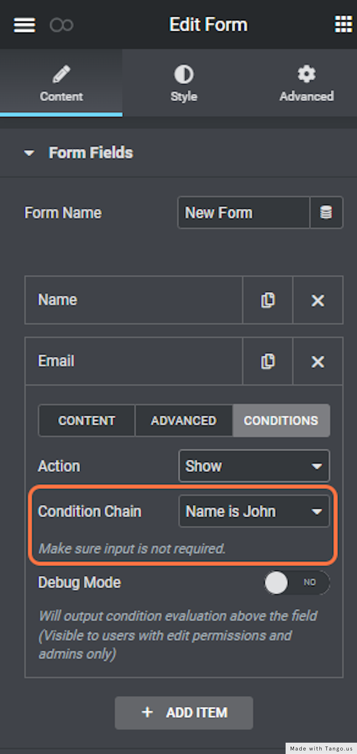 Select the Action "Show" and assign the condition