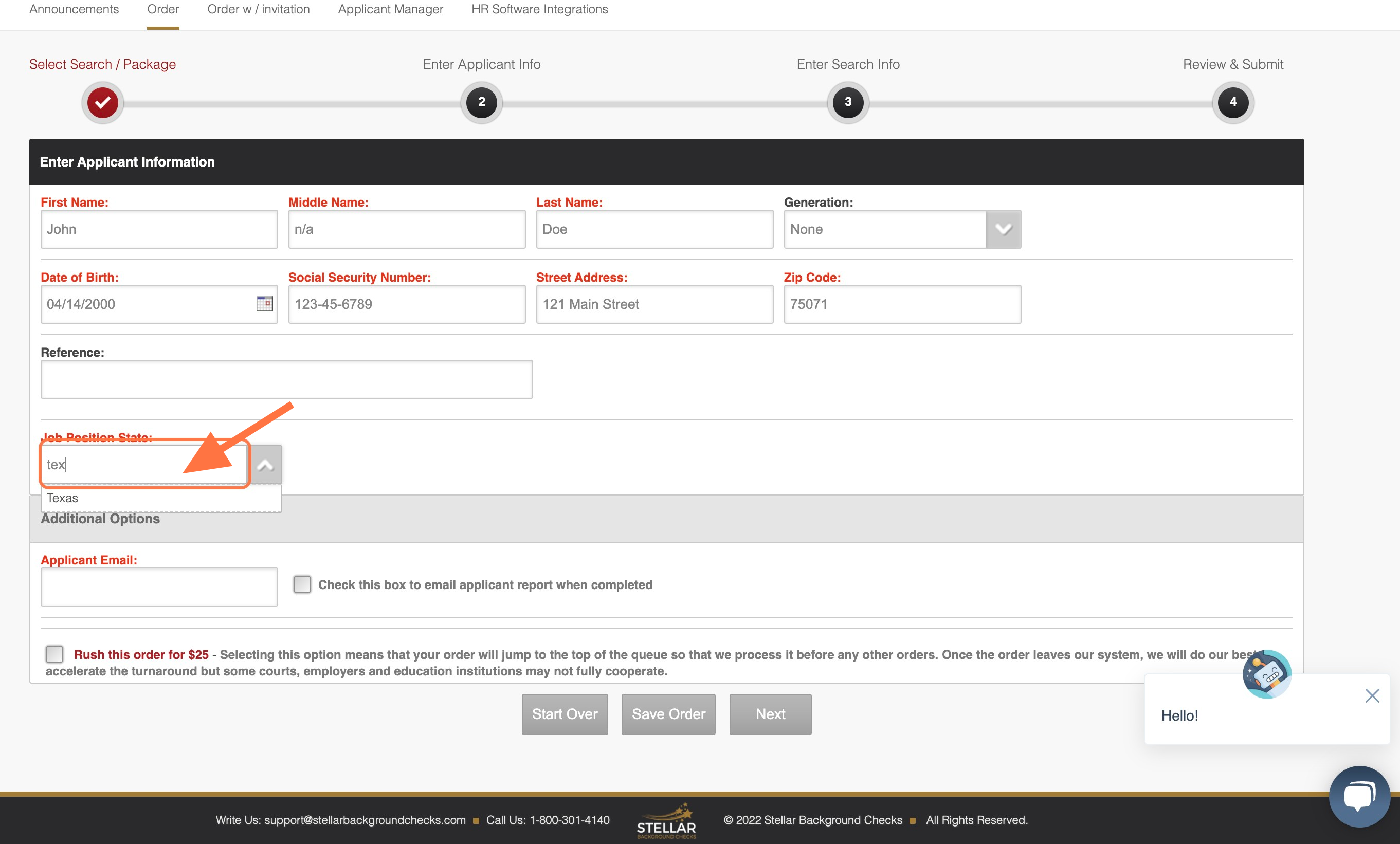 Select the 'STATE' in which the job position will be held.