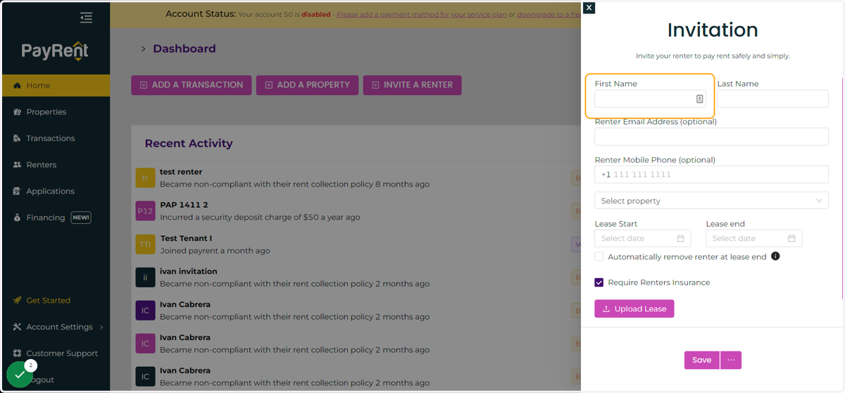 Enter your renter's name, email address, and phone number