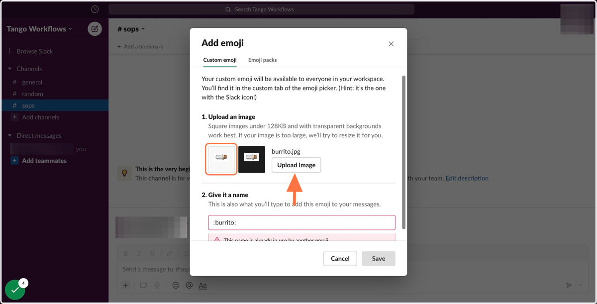 Click "Upload Image" and select the image you'd like to use for your custom emoji