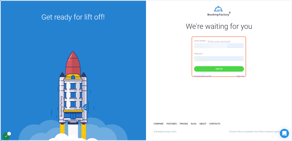 Go to The Booking Factory Login Page