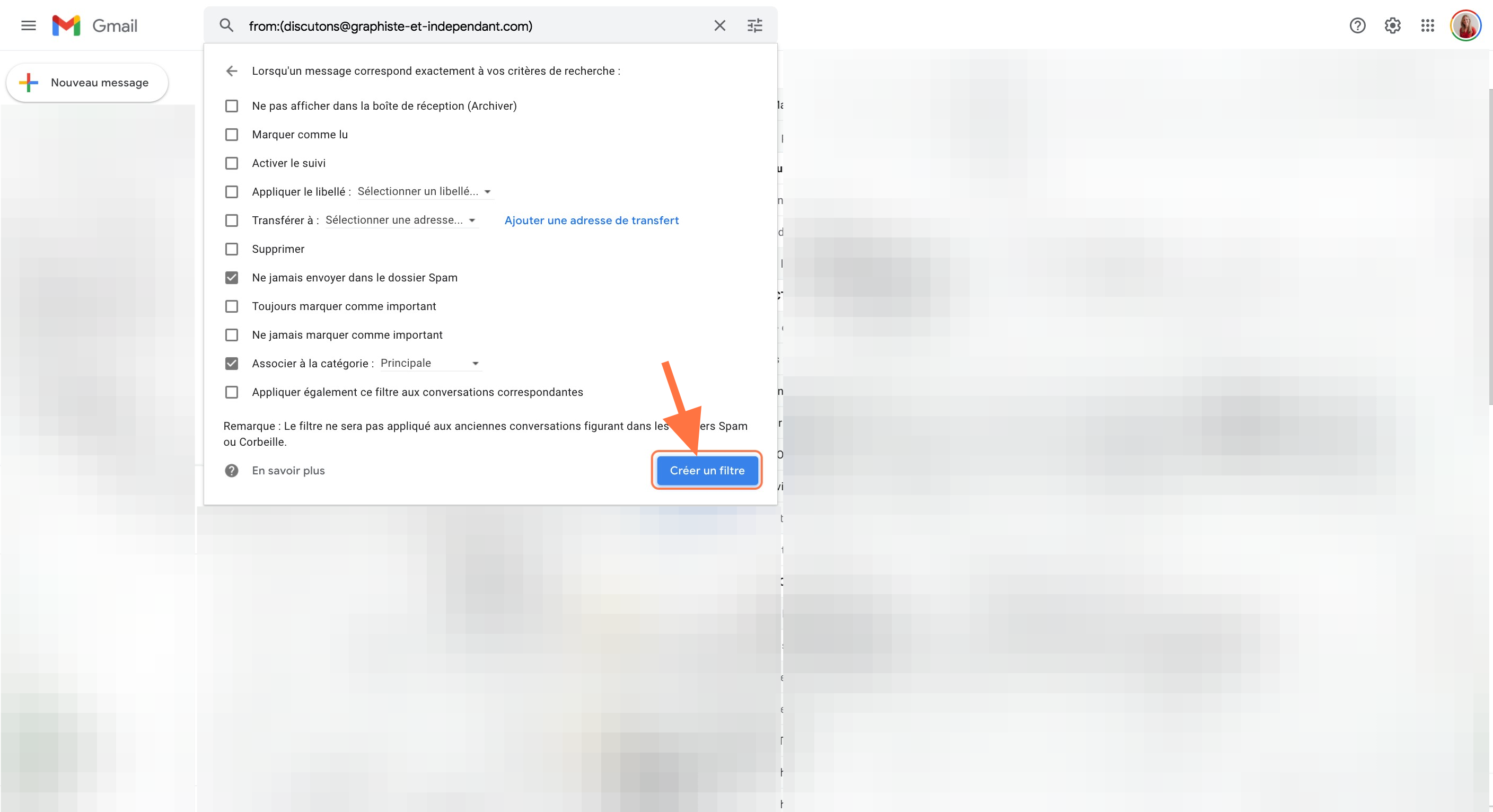 Clique sur le bouton "Créer un filtre"