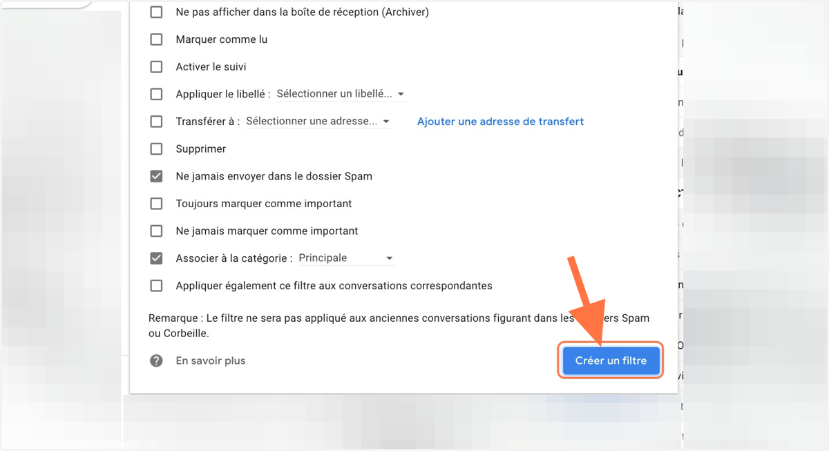 Clique sur le bouton "Créer un filtre"