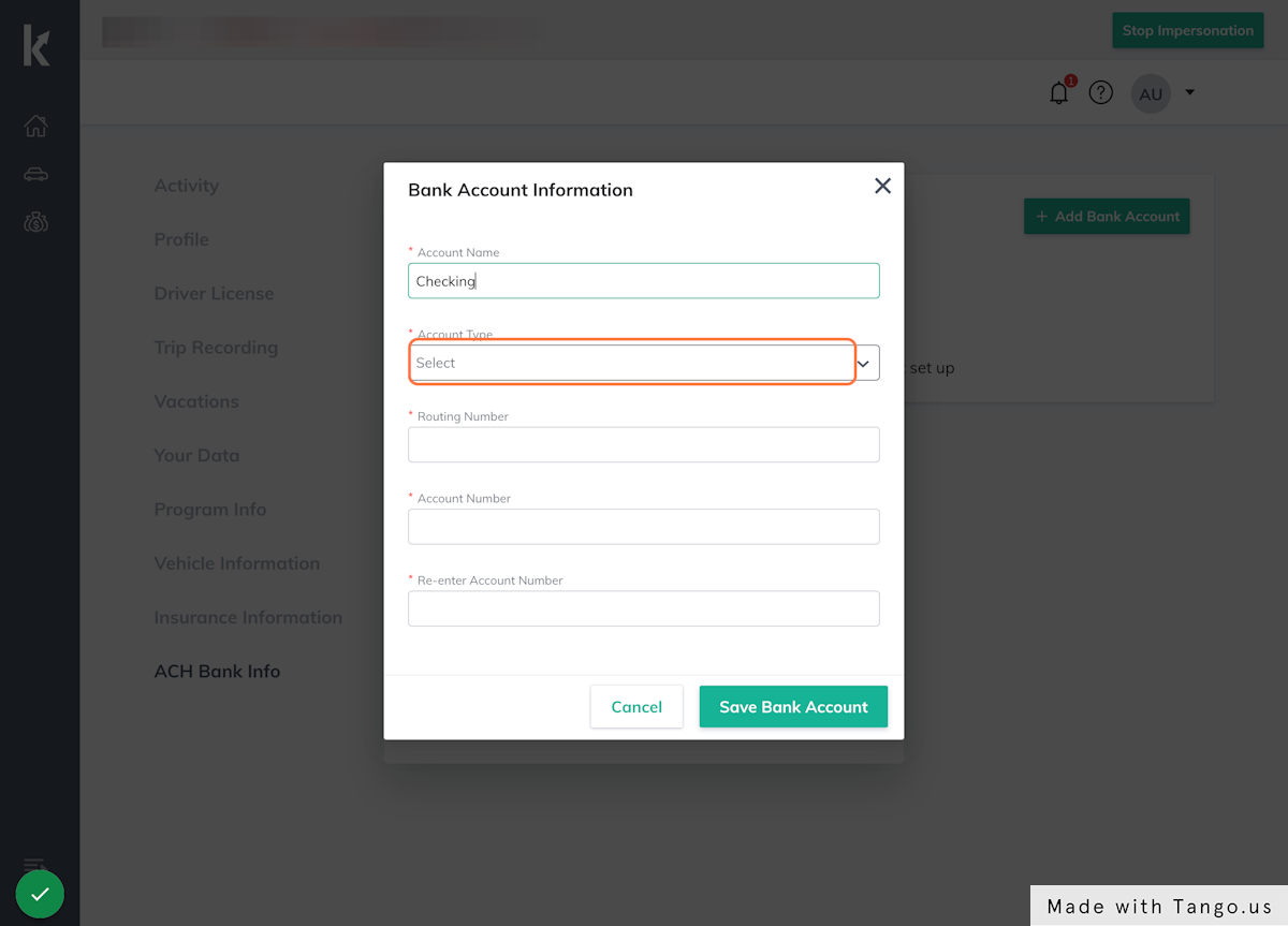 Select the Account Type - Checking or Savings