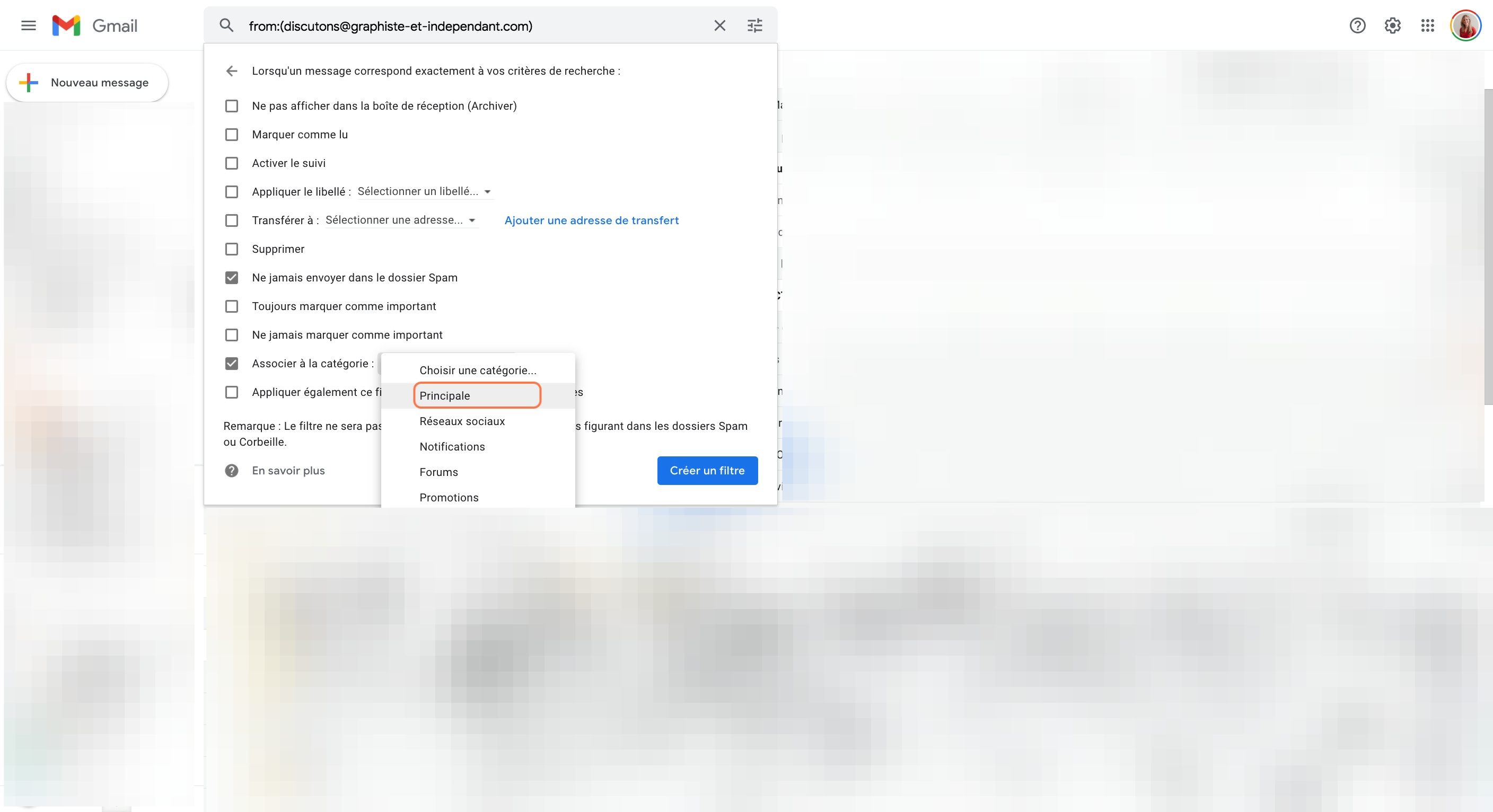 Dans le menu déroulant "Choisir une catégorie", sélectionne "Principale"