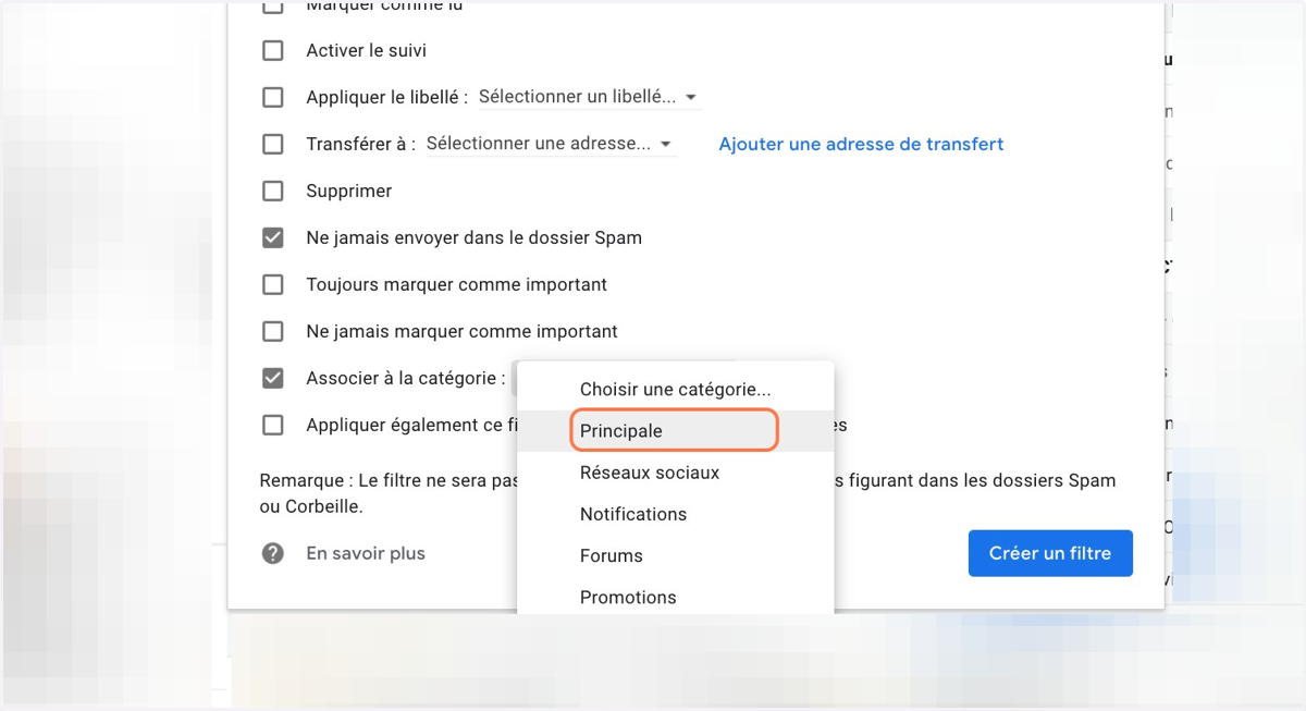 Dans le menu déroulant "Choisir une catégorie", sélectionne "Principale"