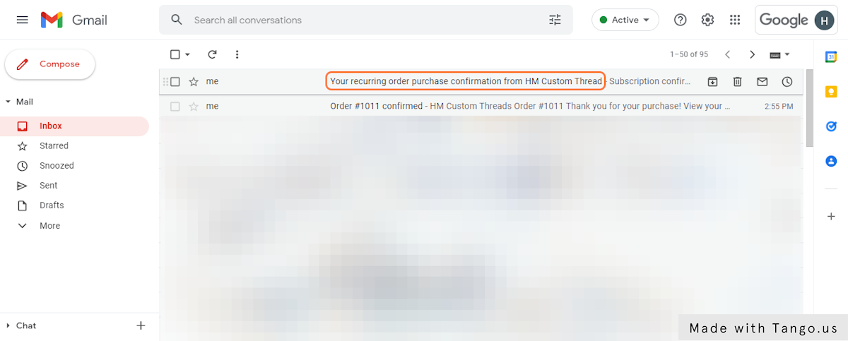 Click on "Your recurring order purchase confirmation from HM Custom Thread"