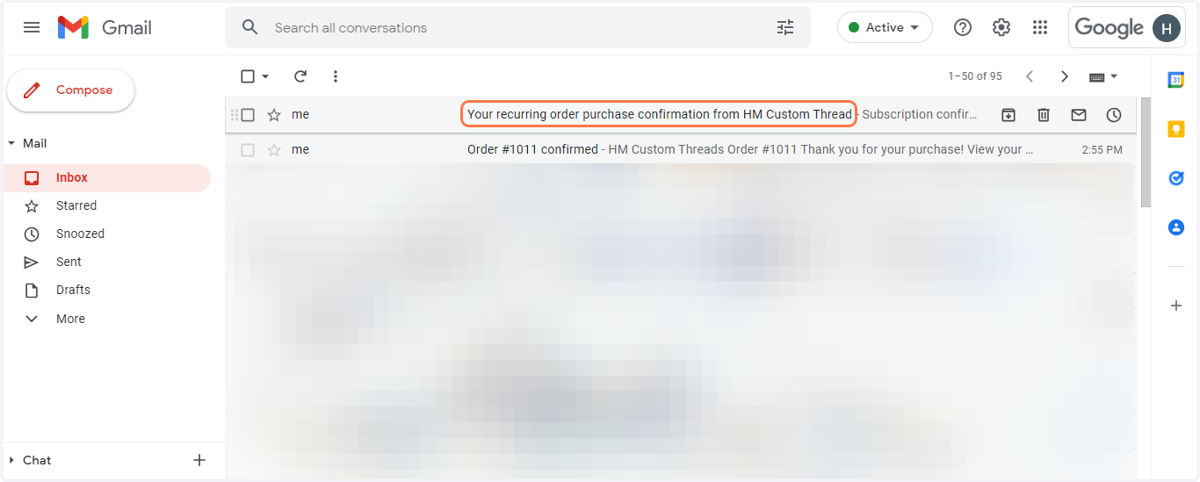 Click on "Your recurring order purchase confirmation from HM Custom Thread"