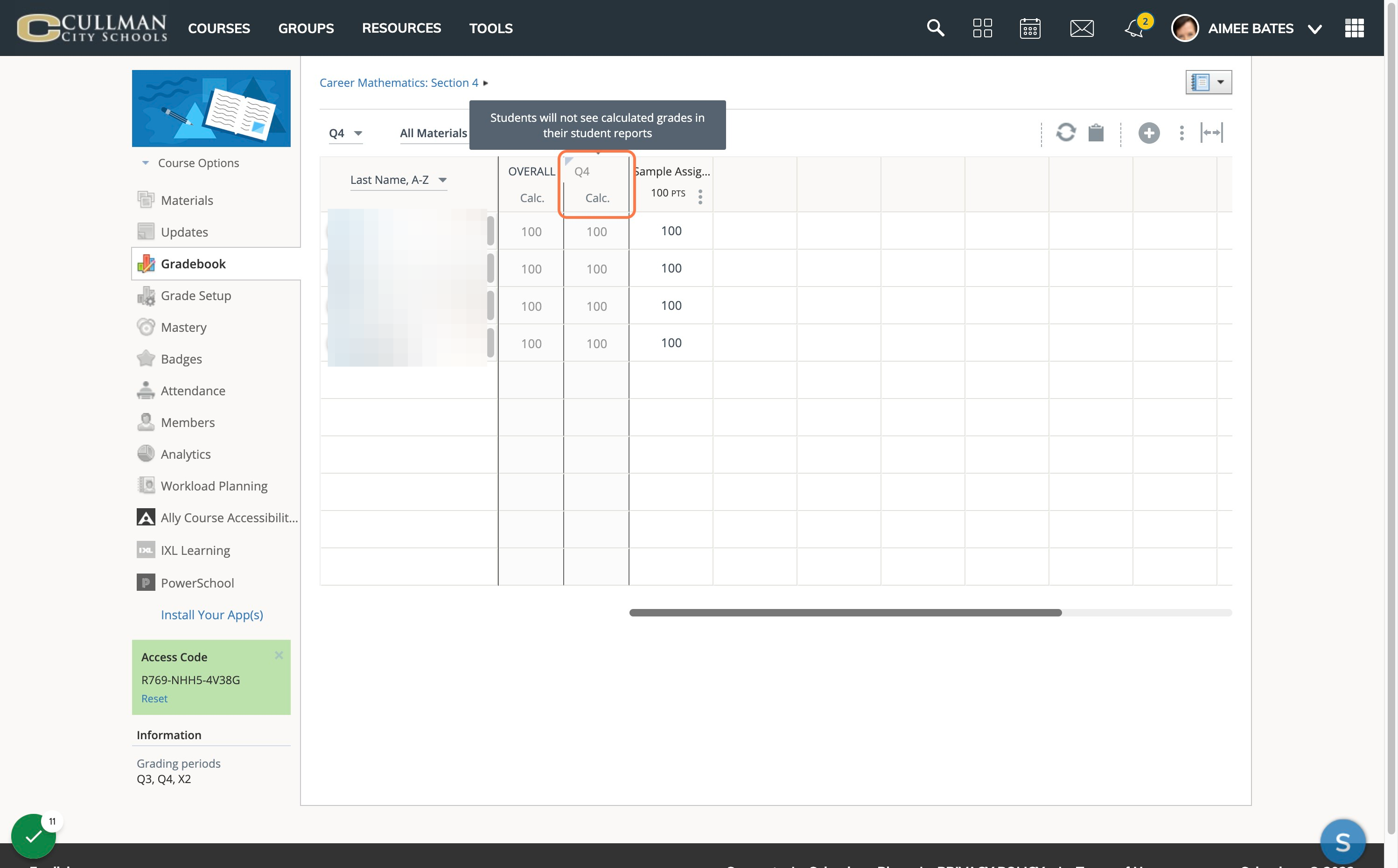 Looking at your Schoology gradebook, compare the current quarter grades to those found in PowerSchool