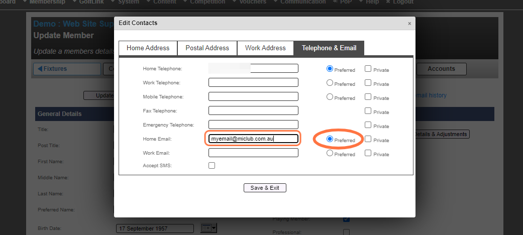 Update the email field ie: "myemail@miclub.com.au" and ensure it is preferred