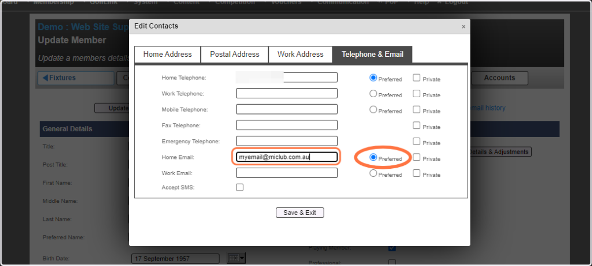 Update the email field ie: "myemail@miclub.com.au" and ensure it is preferred