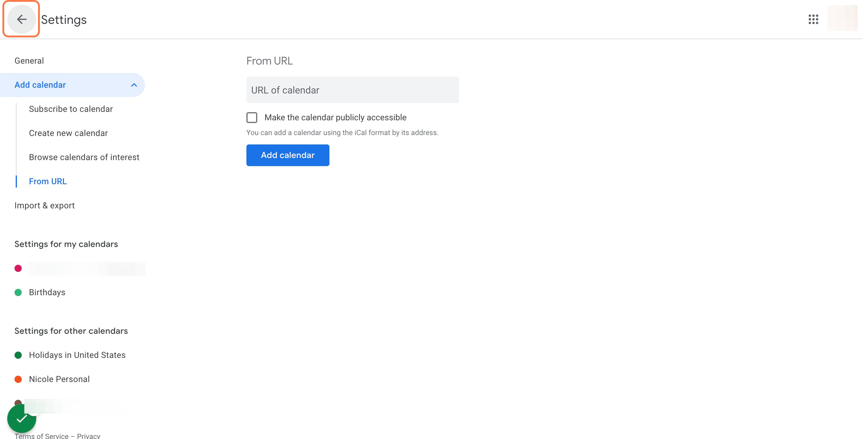 Exit the "Settings" page to return to your Google Calendar home page