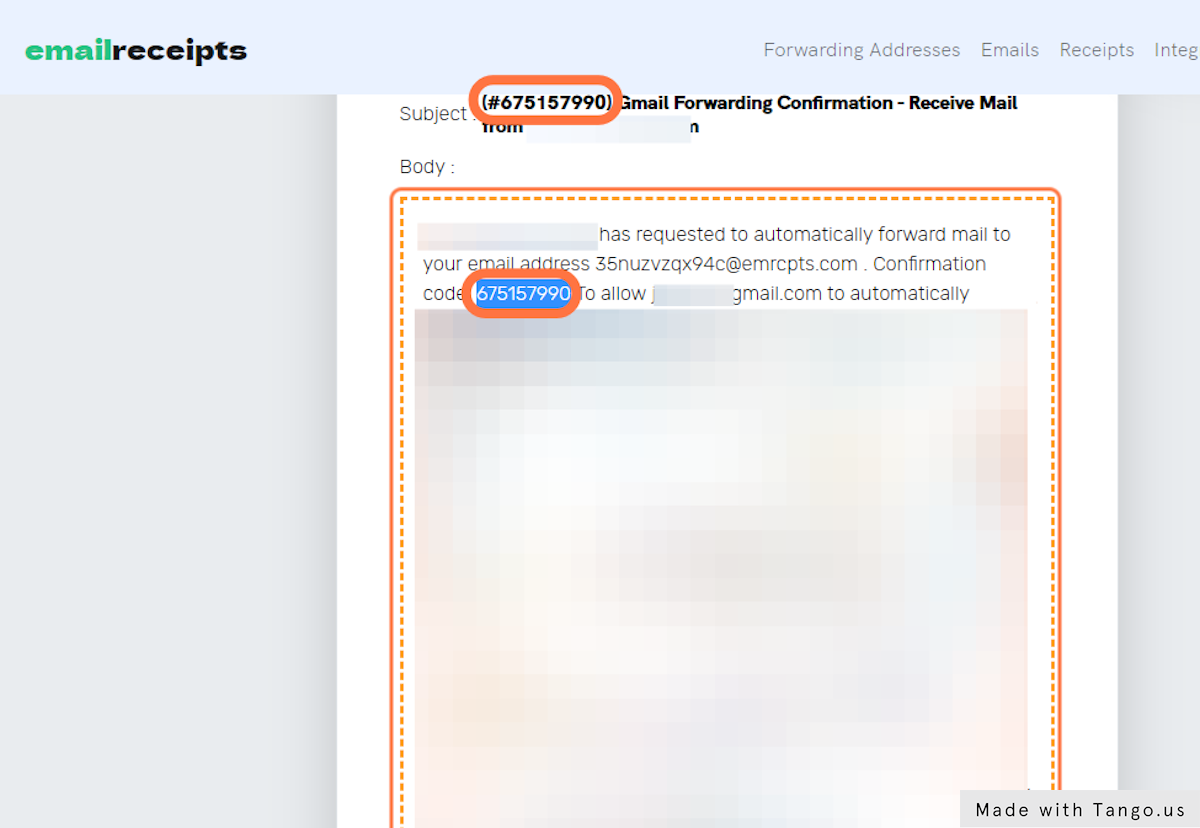 Copy the confirmation code from your email subject or inside the email body