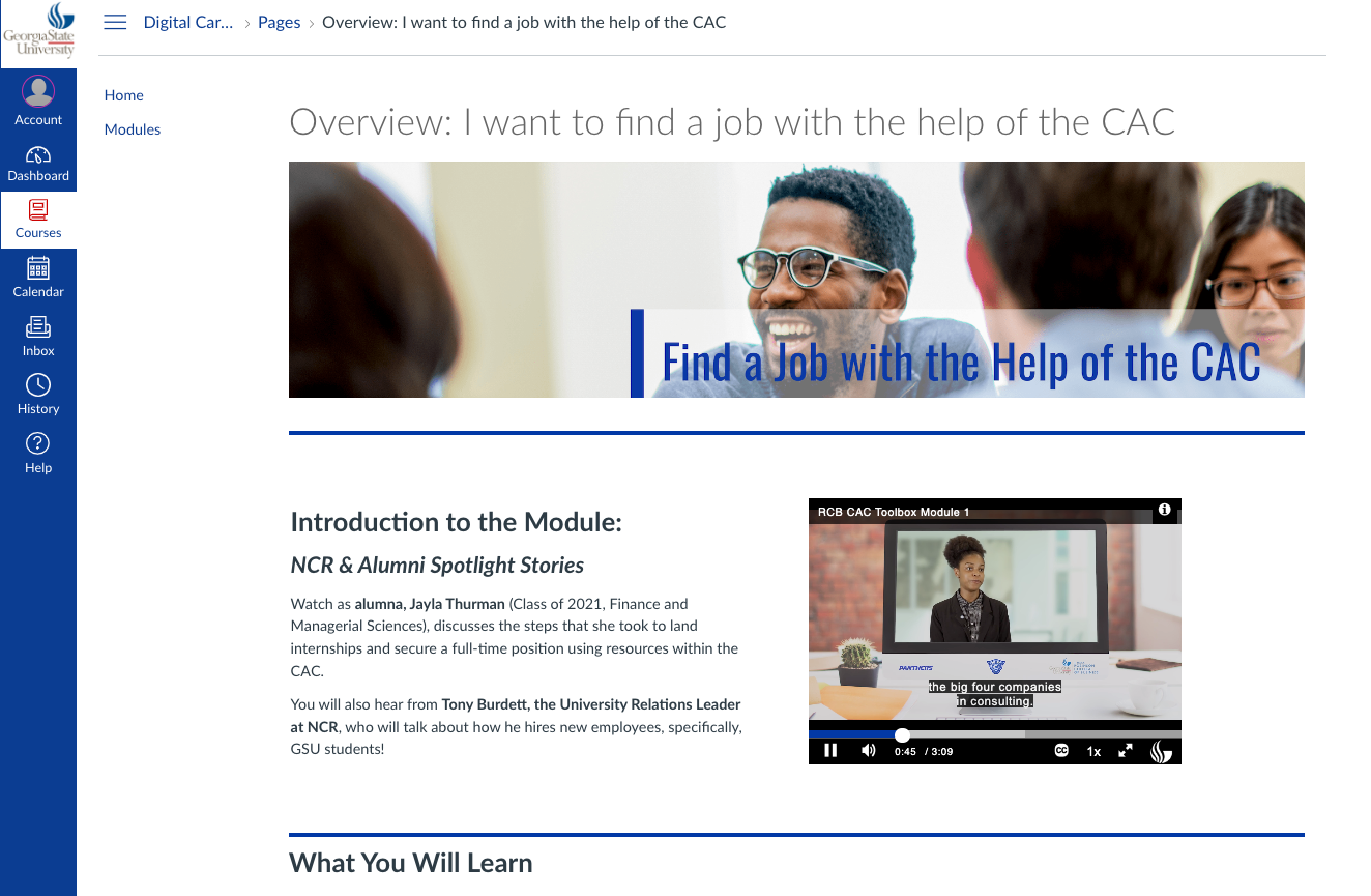 Module introduction videos featuring GSU alumni who successfully achieved the module goal