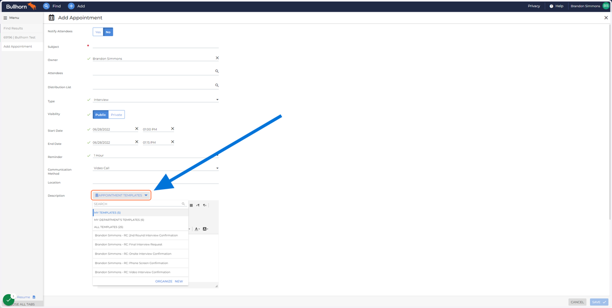 To add an appointment template, Click "APPOINTMENT TEMPLATES"