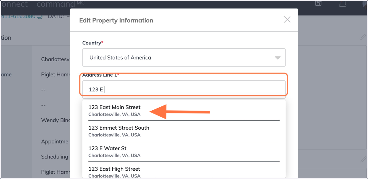 As you type in the property address it will auto-populate below the field. Choose the address from the dropdown