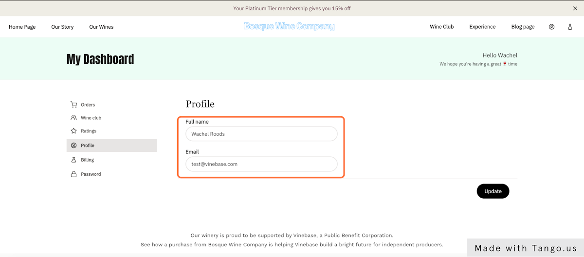 Edit the name and email associated with your account in the Profile tab