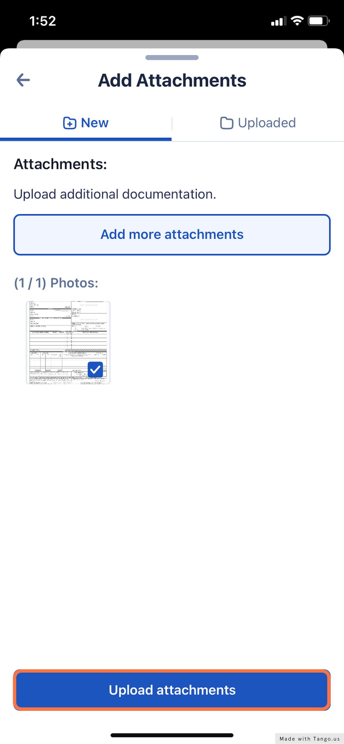 Once the attachment is added, review the document and select 'Upload attachments' to save.