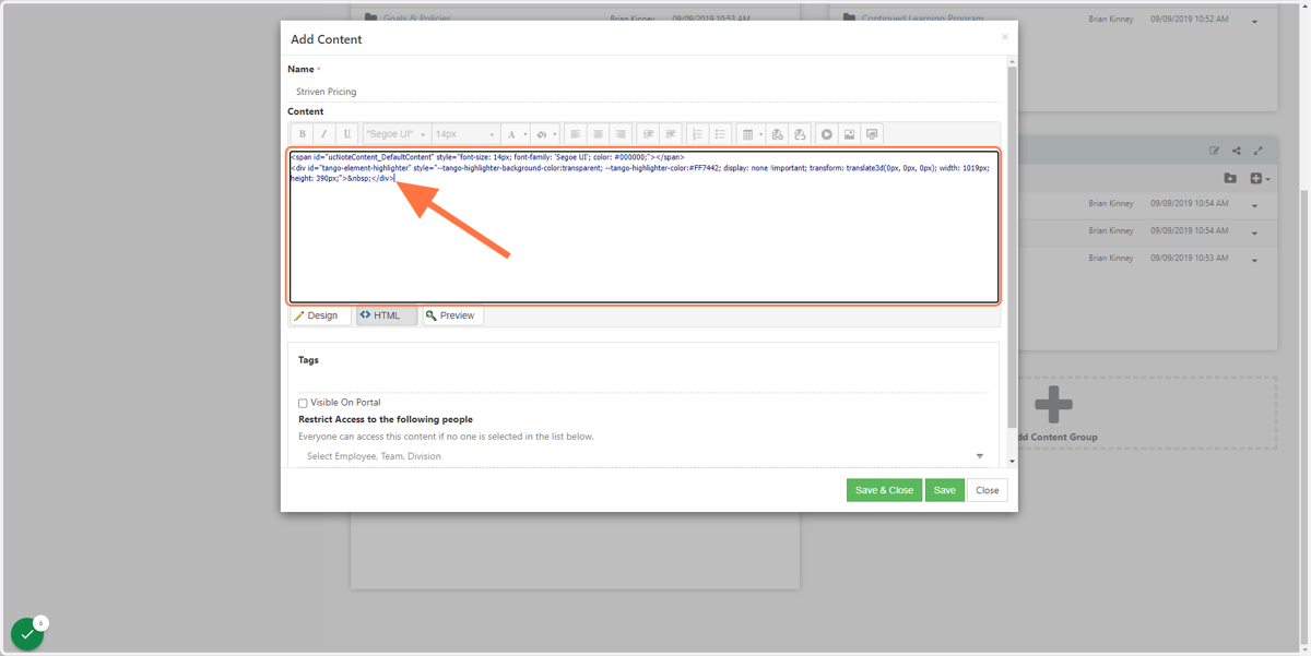 Click in the content area at the end of the current HTML so that your cursor is in the location shown below