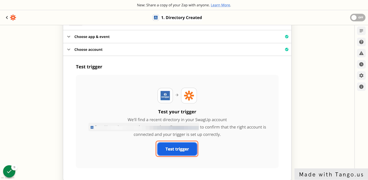 At this point, Zapier will prompt you to test your trigger. Click on "Test trigger"