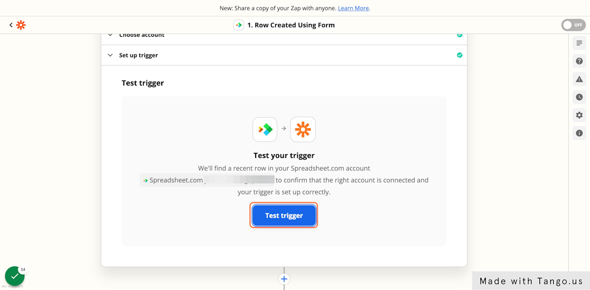 Zapier will prompt you to test the connection between Spreadsheet.com and Zapier. Click on Test trigger
