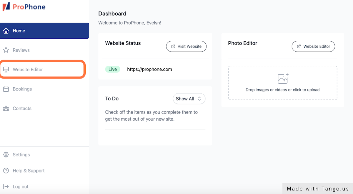 On the left pane of your home dashboard, click "Website Editor"