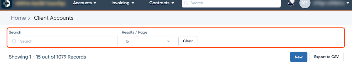 Use the Search and Filter options to locate your target Client Account.