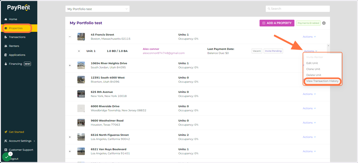 You can also view all of the transactions for a unit by locating the unit in the properties panel, clicking actions, and then selecting 'View Transaction History.Click on View Transaction History