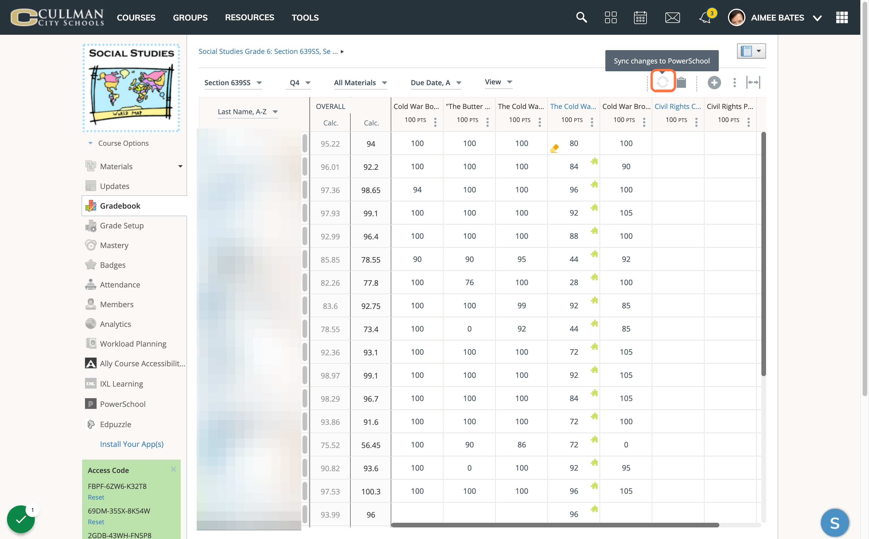 Click on the sync icon to send grades to PowerSchool