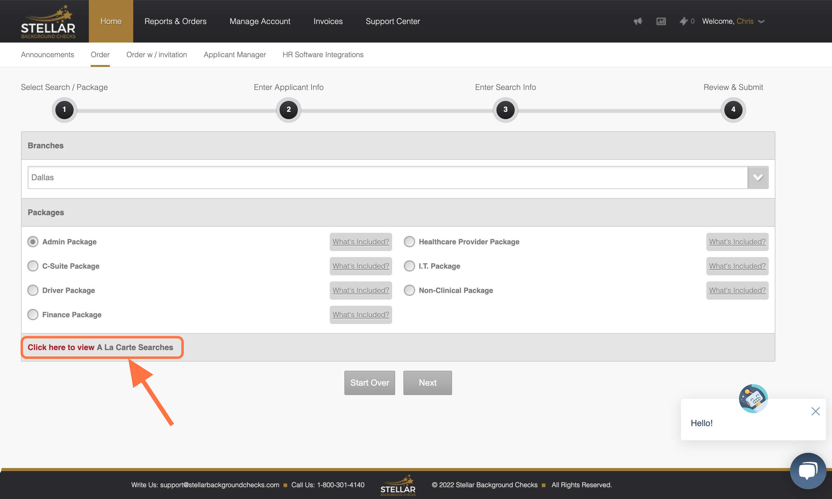 Optional Step: If you want to add an 'A La Carte' item to your search package, click here to view A La Carte Searches. Next, select the appropriate A La Carte item(s).