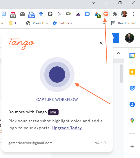Start your Tango session with the toolbar button