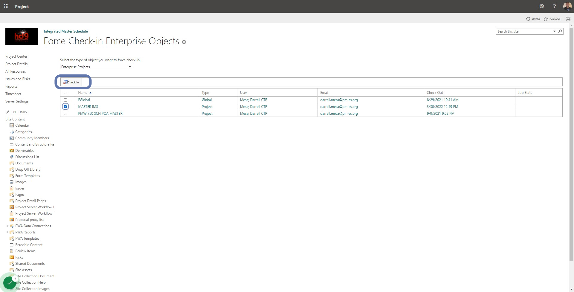 After selecting what type of enterprise object you want to check in, the list of those enterprise objects that are currently checked-out will populate in the table below. Select the object you want to check in and select Check In.