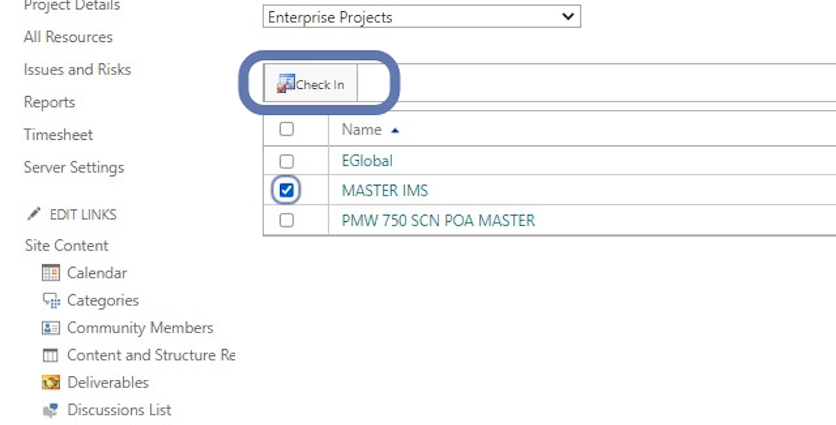 After selecting what type of enterprise object you want to check in, the list of those enterprise objects that are currently checked-out will populate in the table below. Select the object you want to check in and select Check In.