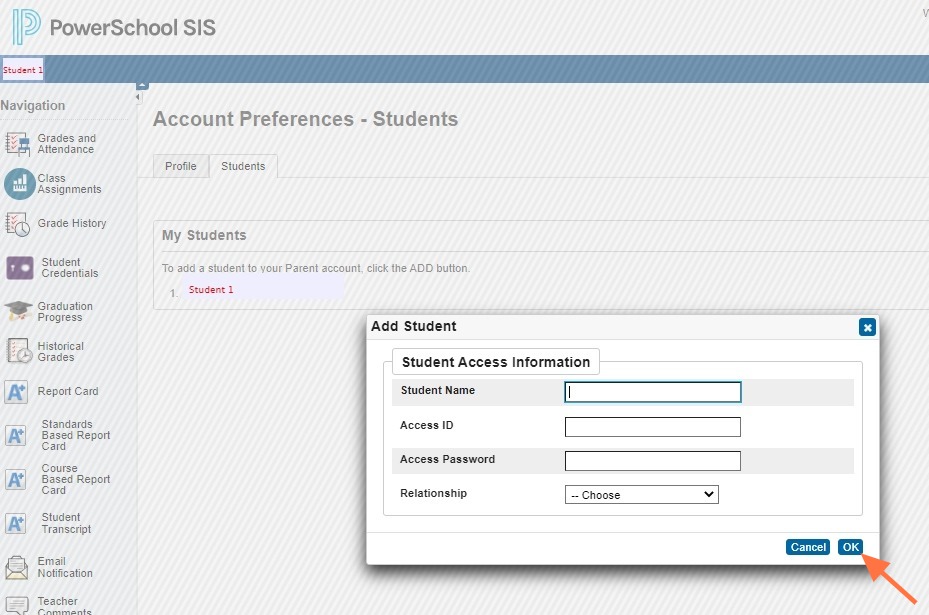 Enter the Student Access Information from the PowerSchool Parent Portal Letter