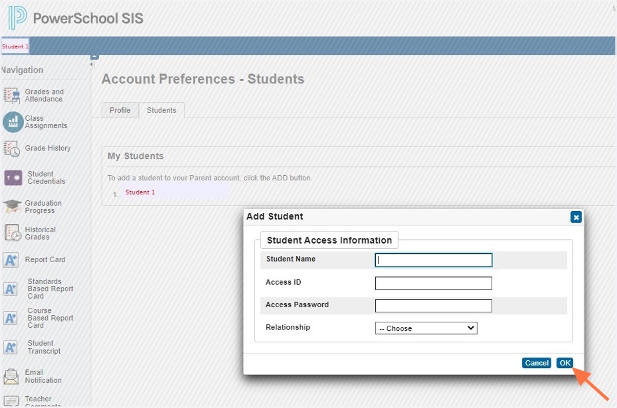 Enter the Student Access Information from the PowerSchool Parent Portal Letter