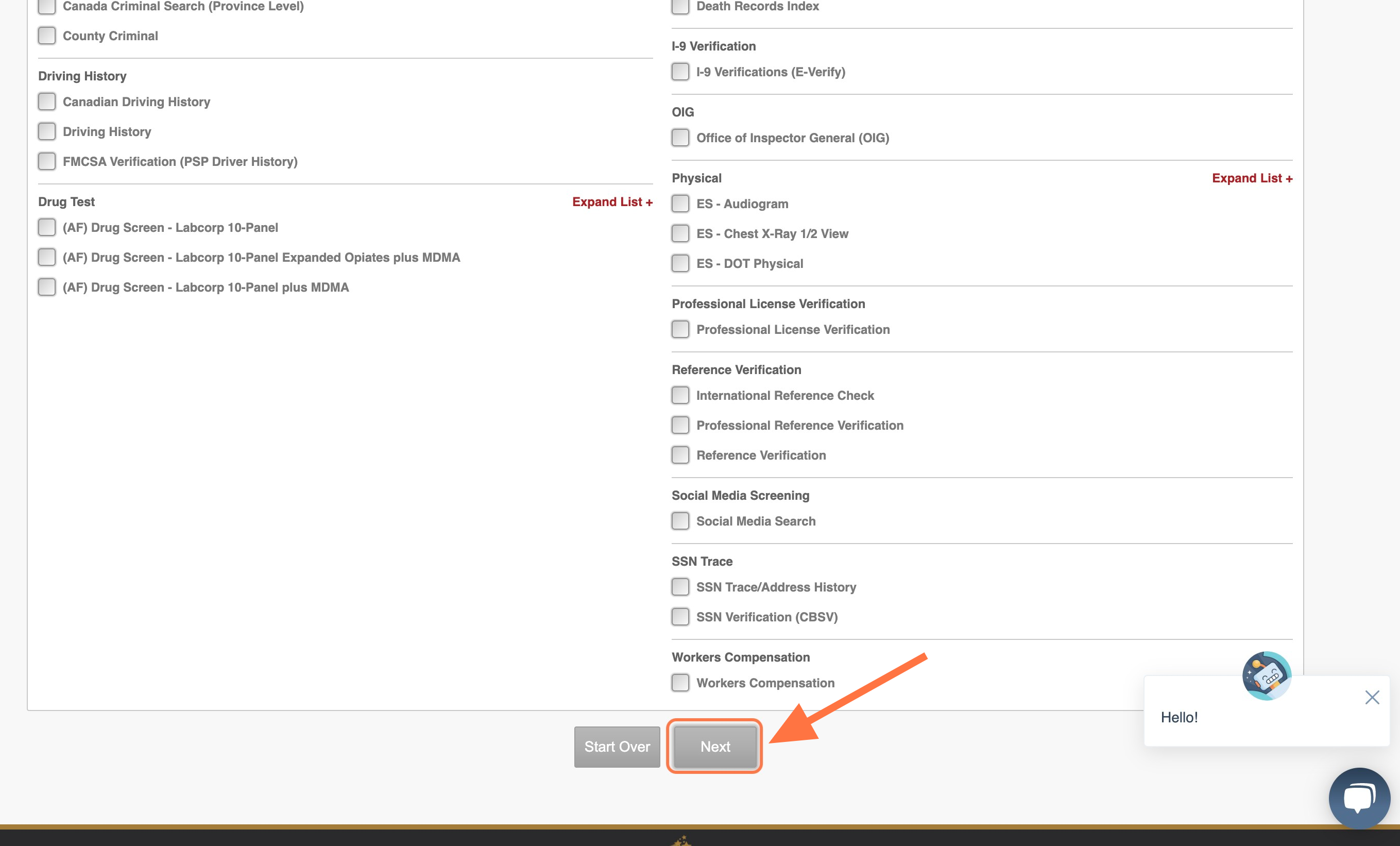 Review your selected options, then click on 'NEXT' at the bottom of the page.