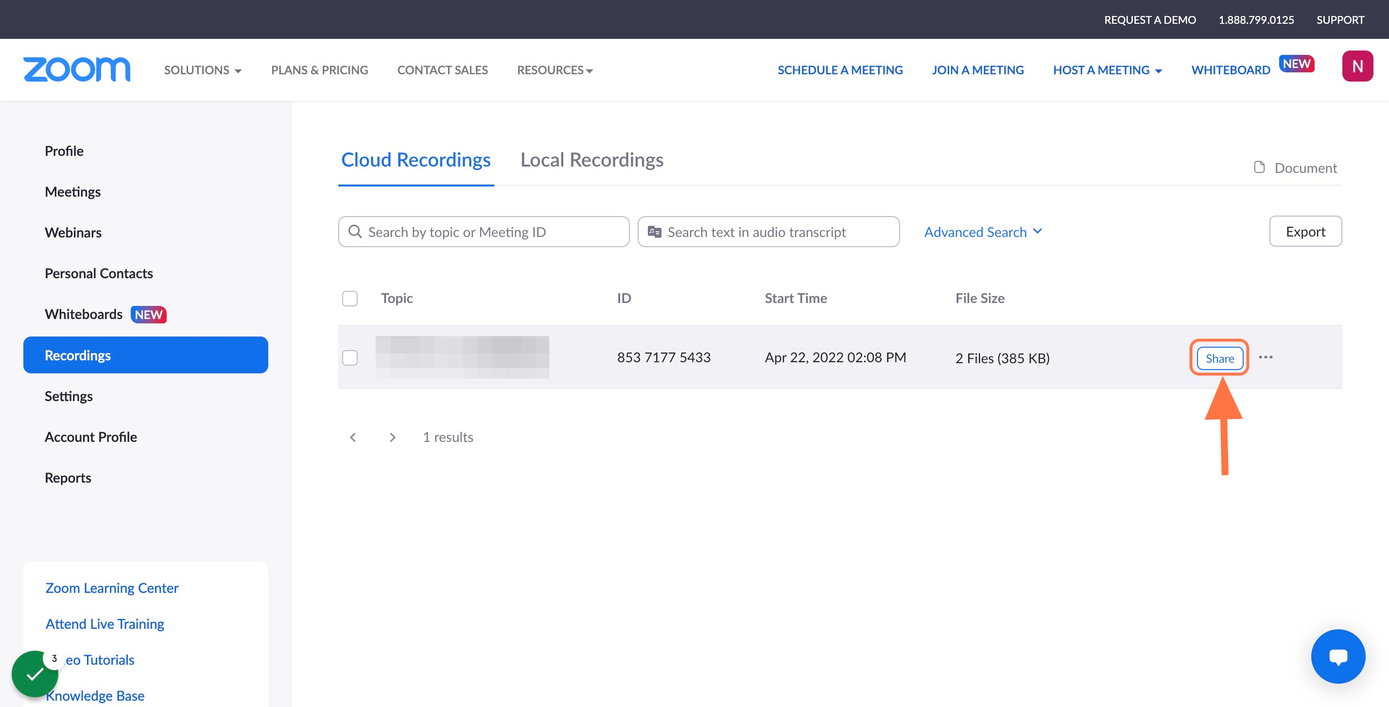 Under "Cloud Recordings", locate your recording and click "Share"