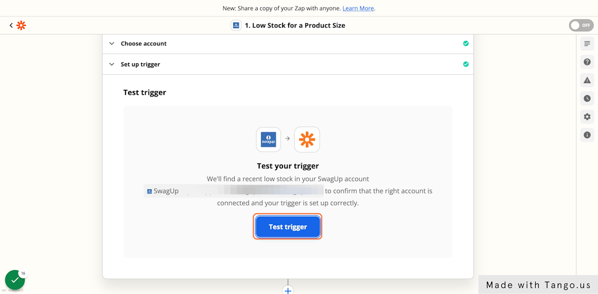 Zapier needs to test the trigger so that it can verify that it's connected to the right account and pulling the right item. Click on Test trigger