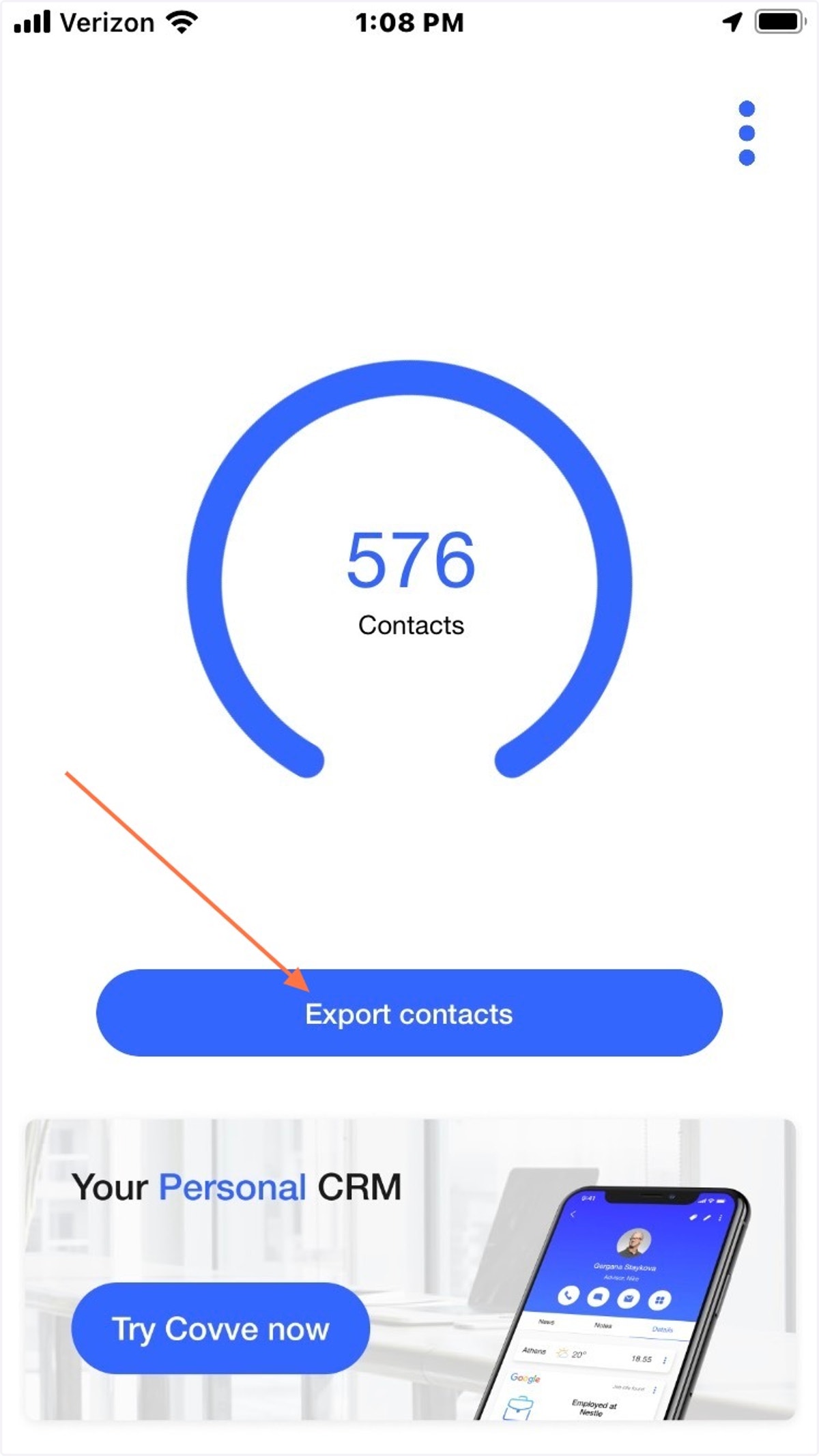 Covve will display the number of Contacts in your Phone. Click "Export Contacts"