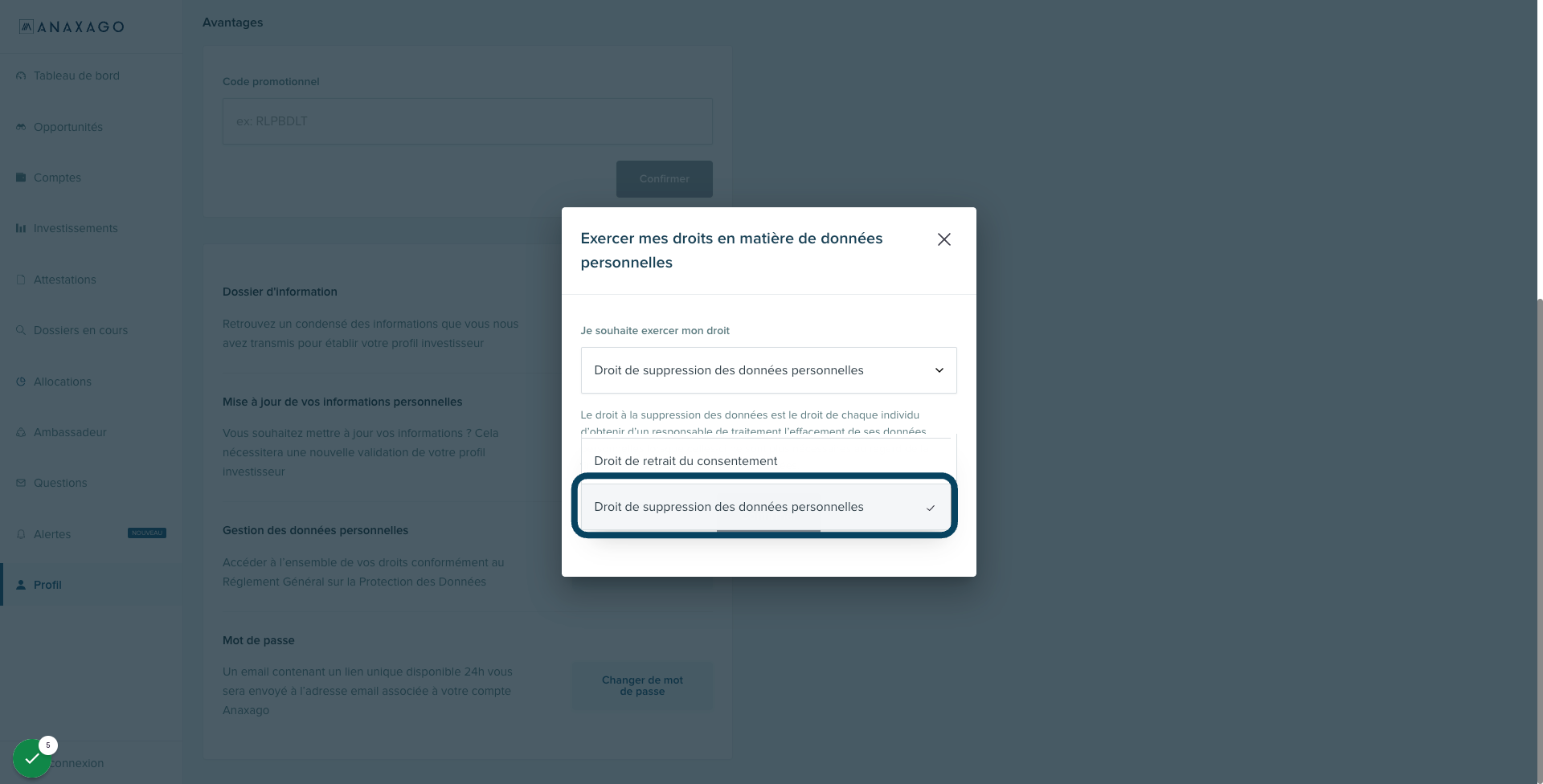 Sélectionner "Droit de suppression des données personnelles".