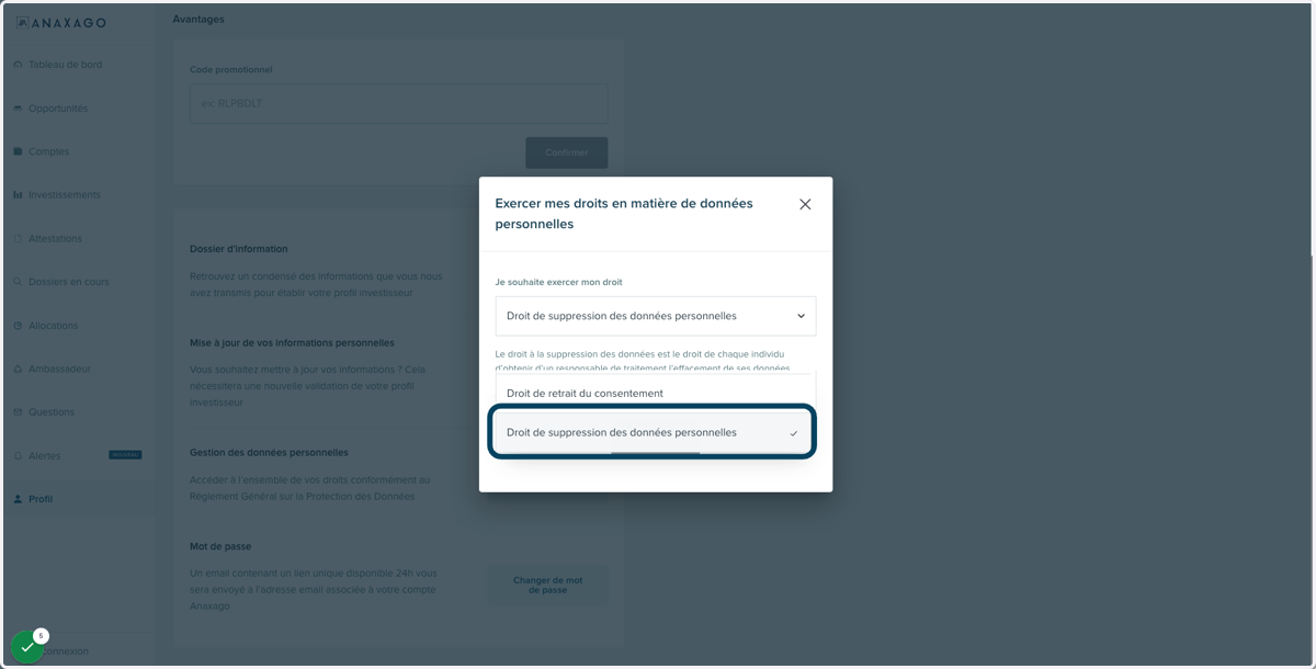 Sélectionner "Droit de suppression des données personnelles".