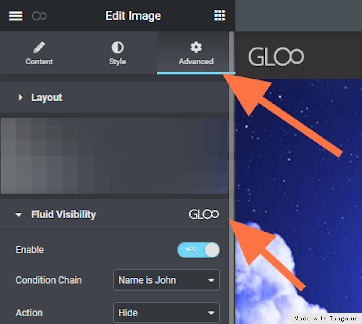 Go To The Advanced Tab of that widget and  - Click on Fluid Visibility