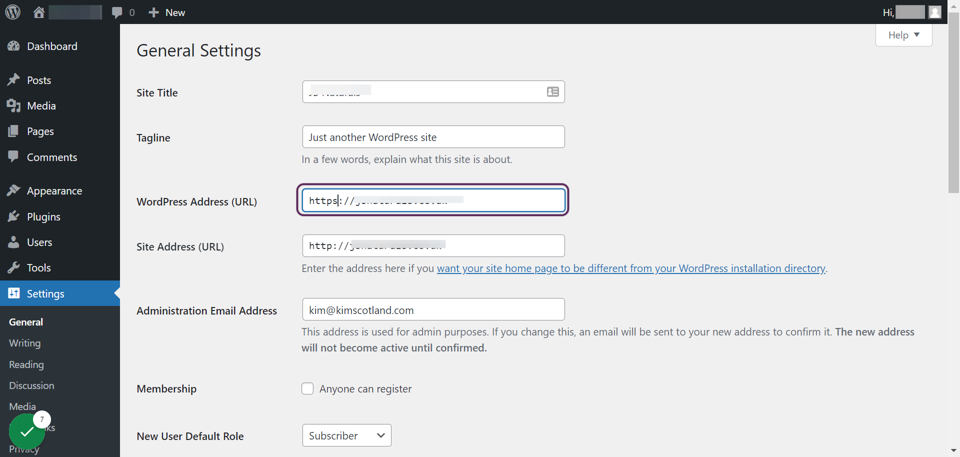 Add an 's' after http in the WordPress Address (URL) field.