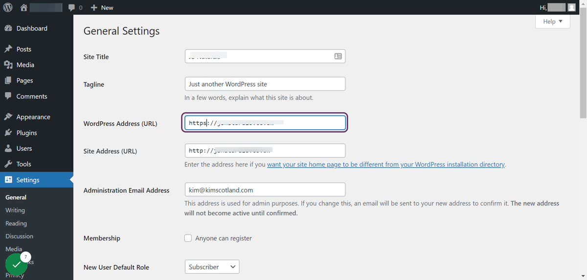 Add an 's' after http in the WordPress Address (URL) field.