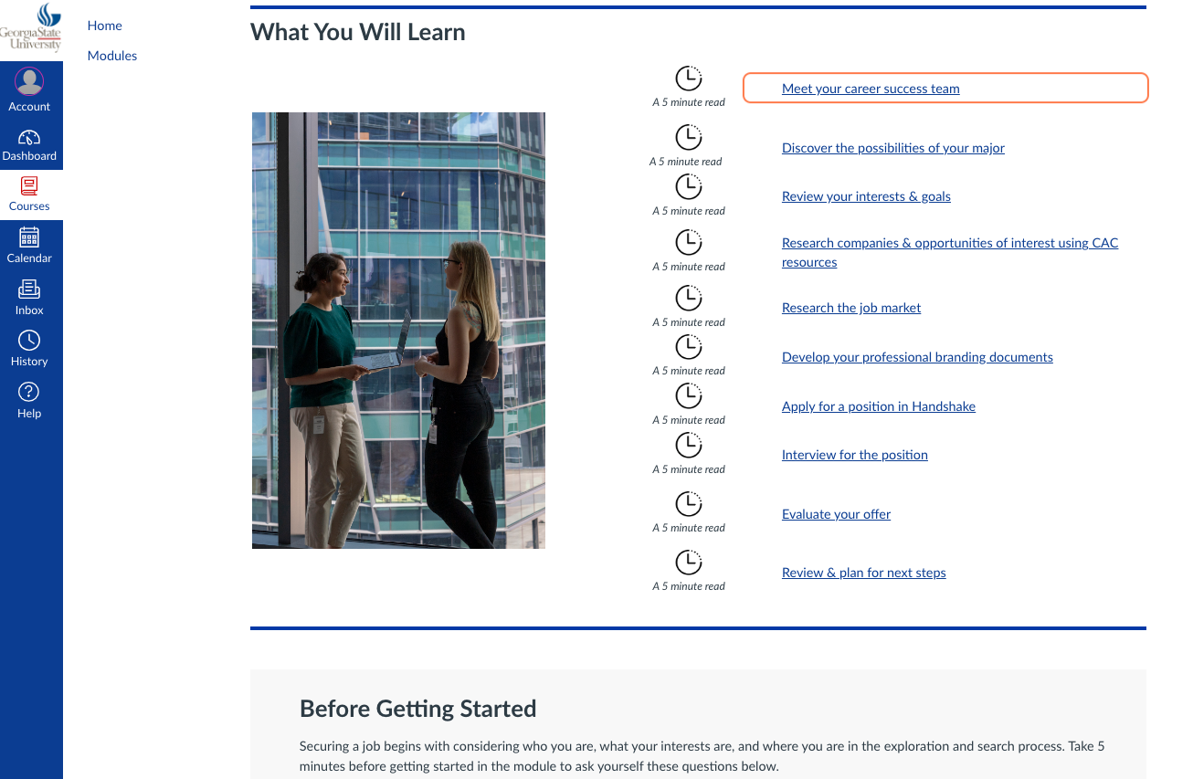 Table of contents with links on each module homepage