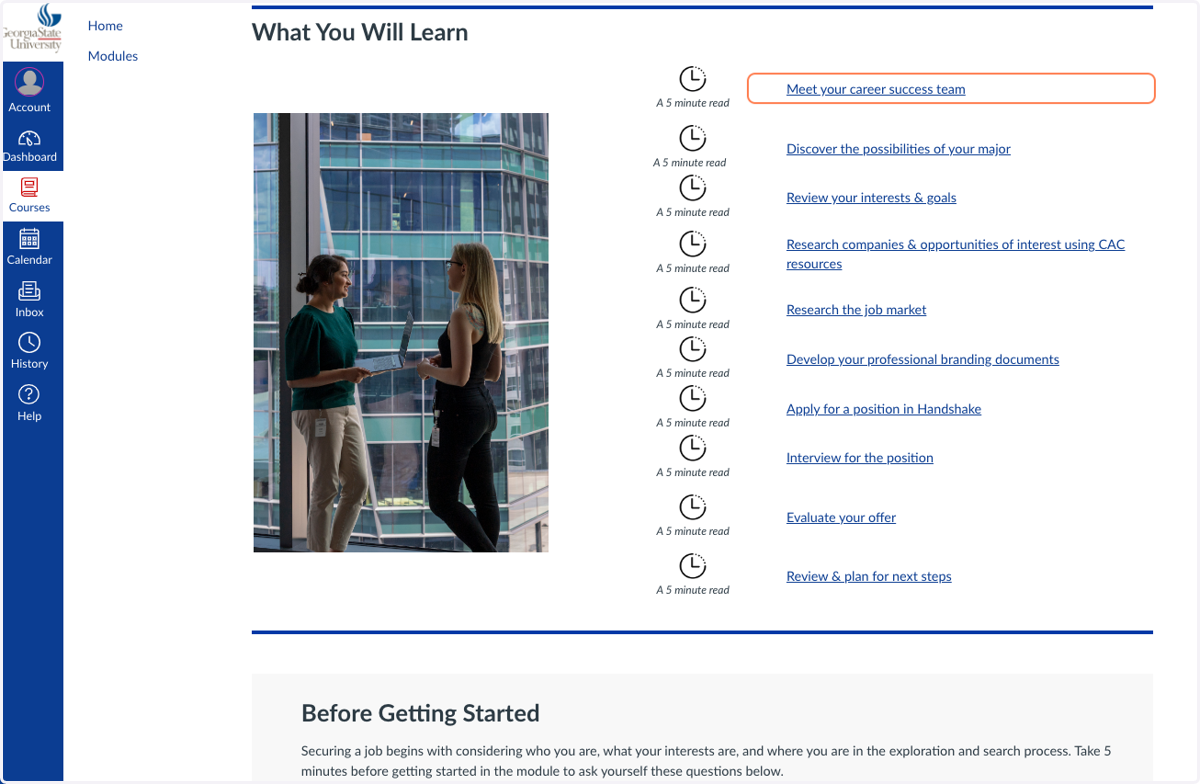 Table of contents with links on each module homepage